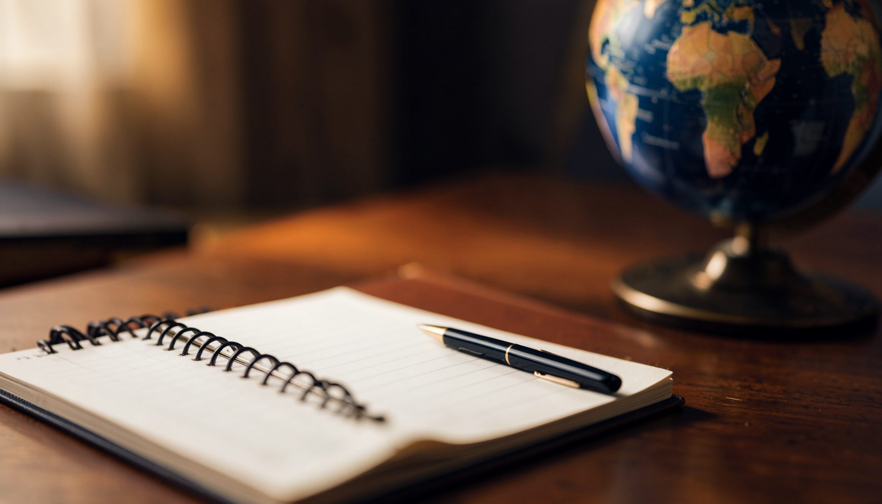 A close-up of a notebook and pen on a desk beside a globe, with warm amber and deep navy tones, suggesting thoughtful international work