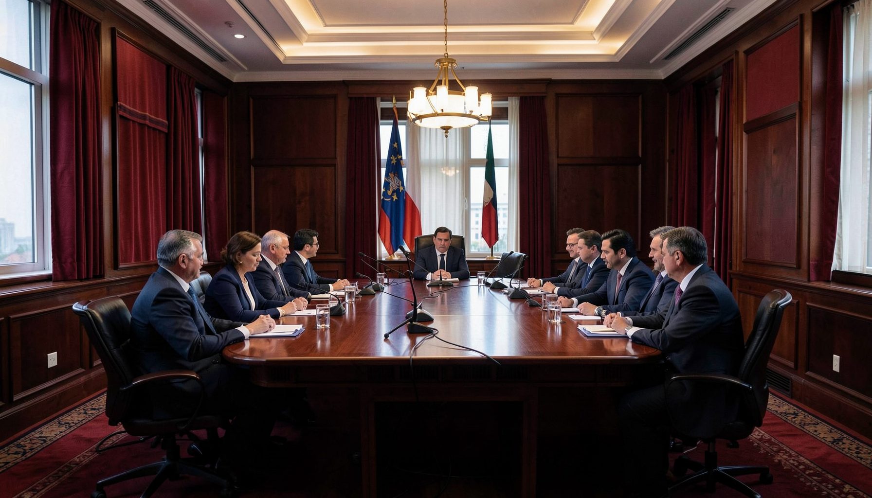 A large dramatic red and black photo of an international meeting hall interior, formal and quiet, evoking diplomatic conversation