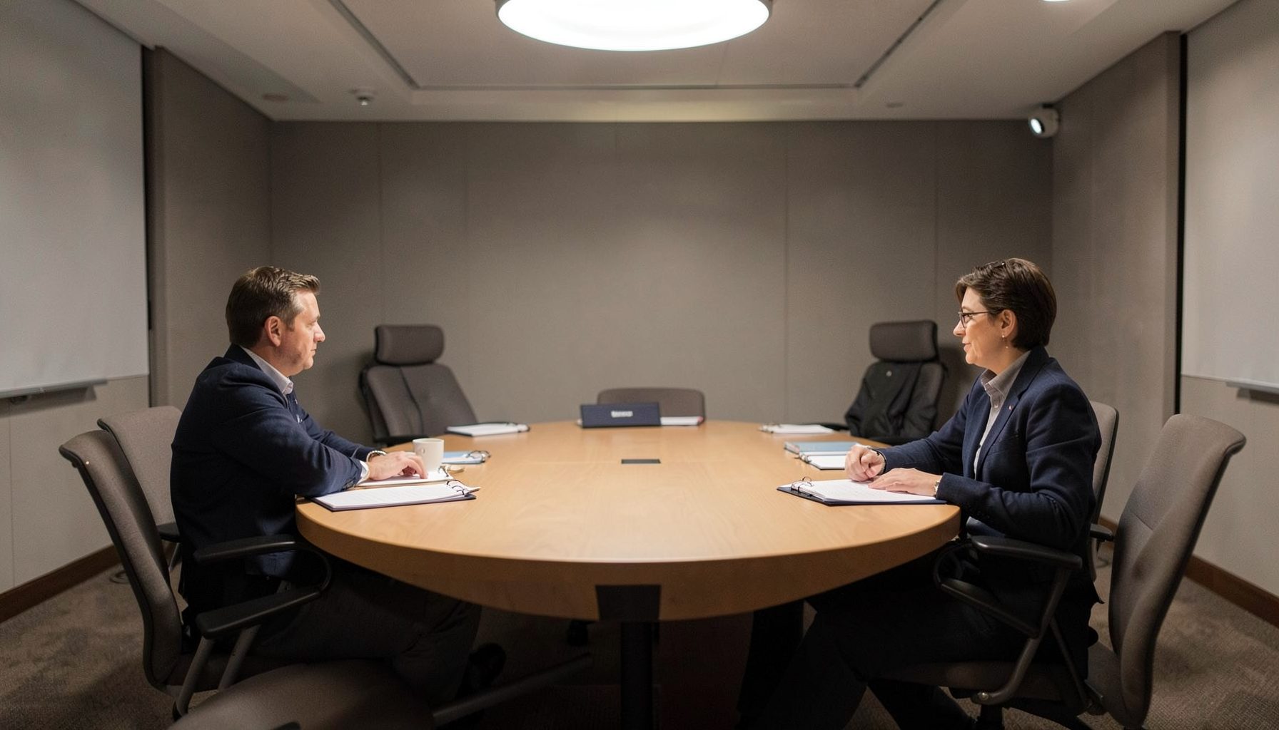 A roundtable discussion setting with empty chairs and notepads, lit by soft overhead light, in muted grays and warm browns