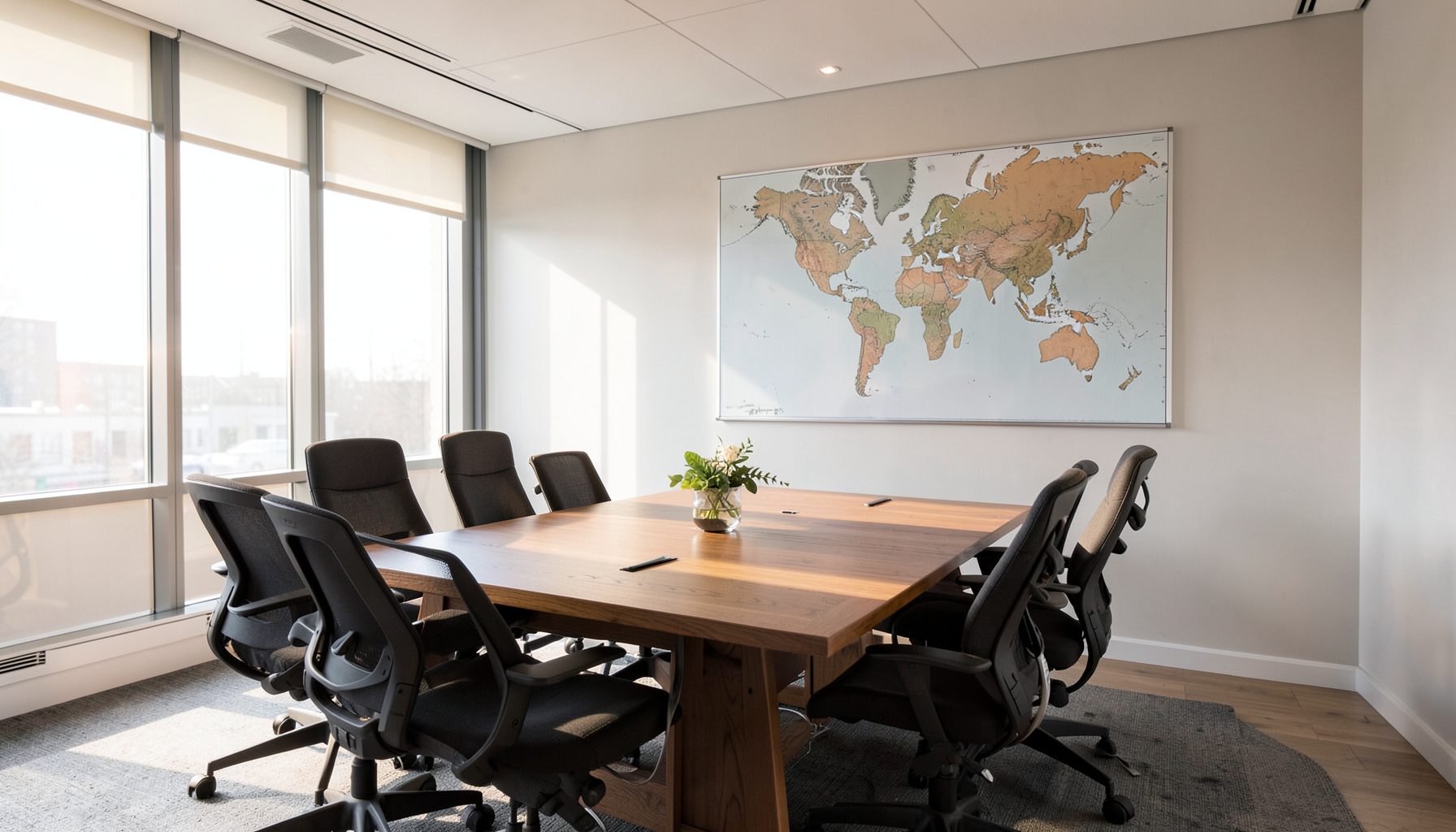 A wide-angle view of a modern conference room with a large world map on the wall, warm wood table, and soft natural light