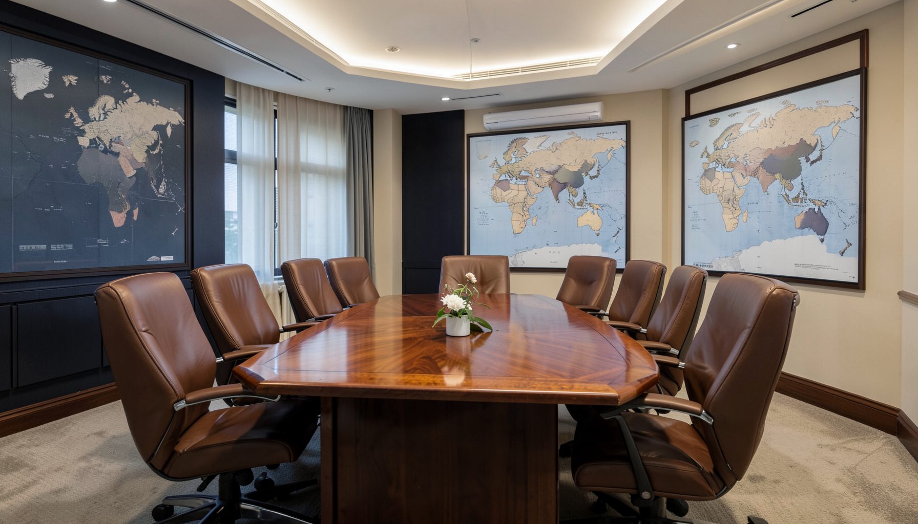 A wide atmospheric shot of a softly lit diplomatic conference room with a long polished wooden table, leather chairs, and warm ambient light