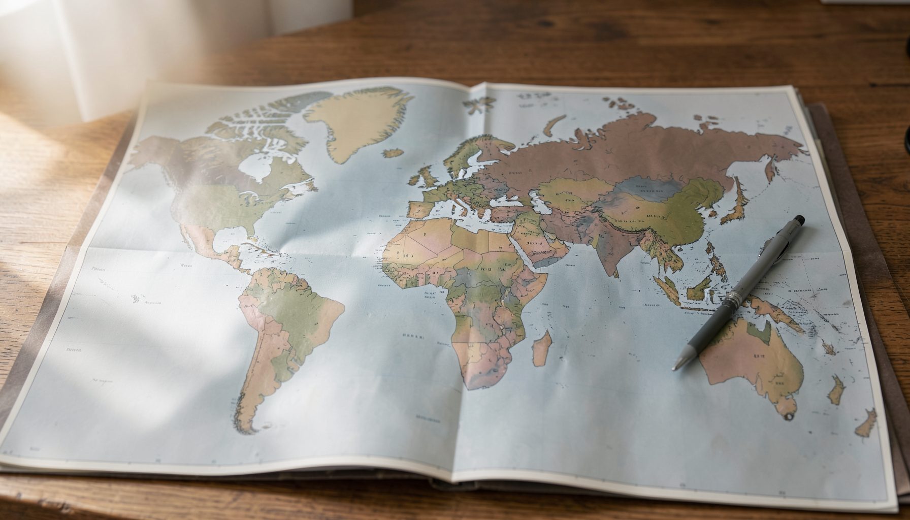 A world map spread across a wooden desk under soft morning light, a notebook and pen resting beside it, muted earth tones