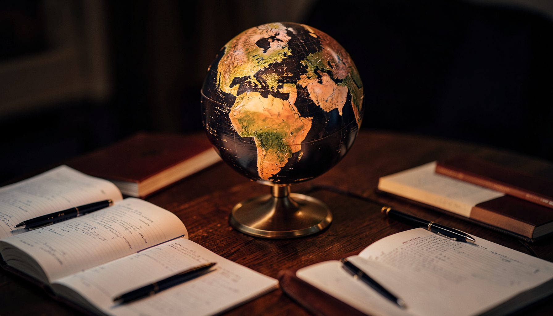 Warmly lit globe on a dark wooden table, surrounded by open notebooks and pens, conveying thoughtful global conversation